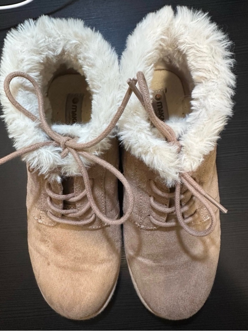 Faux-Suede Lace-Up Ankle Boots with Faux Fur Collar - Taupe